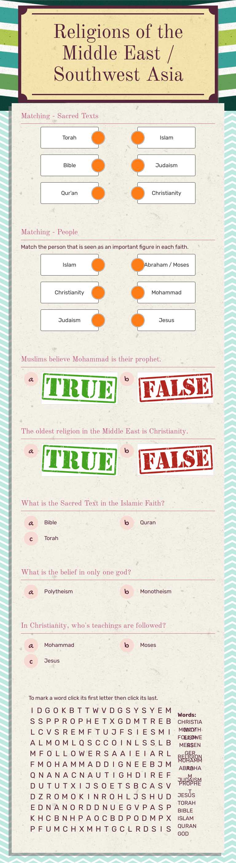 Religions of the Middle East / Southwest Asia Grade 7 worksheet preview