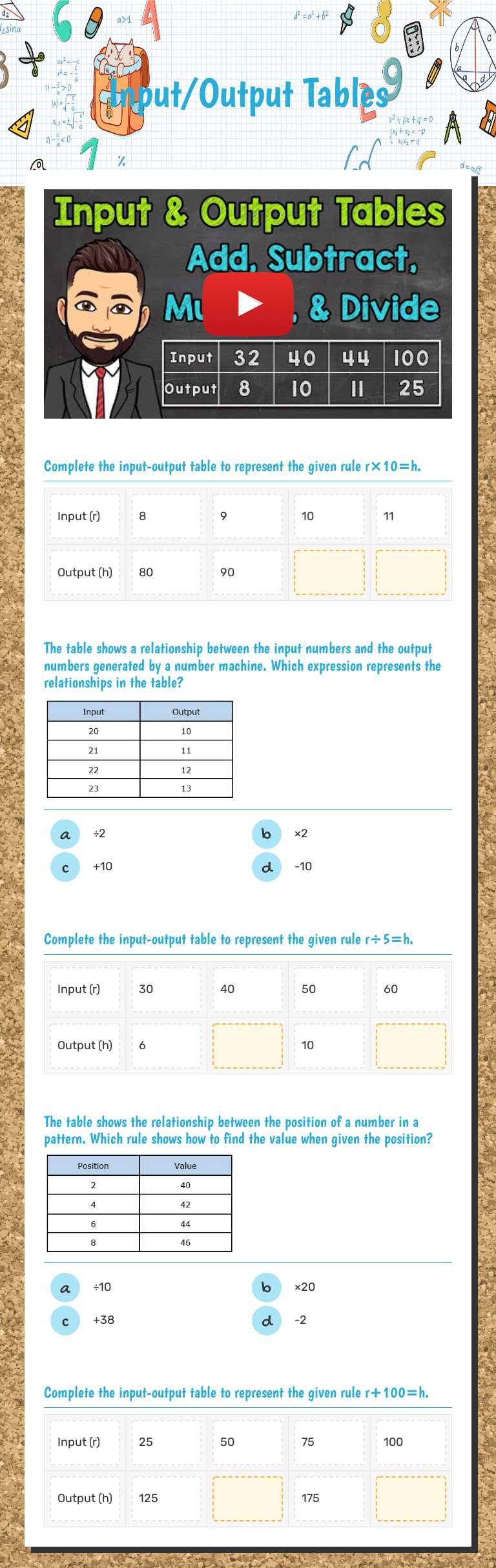 Input/Output Tables worksheet preview image