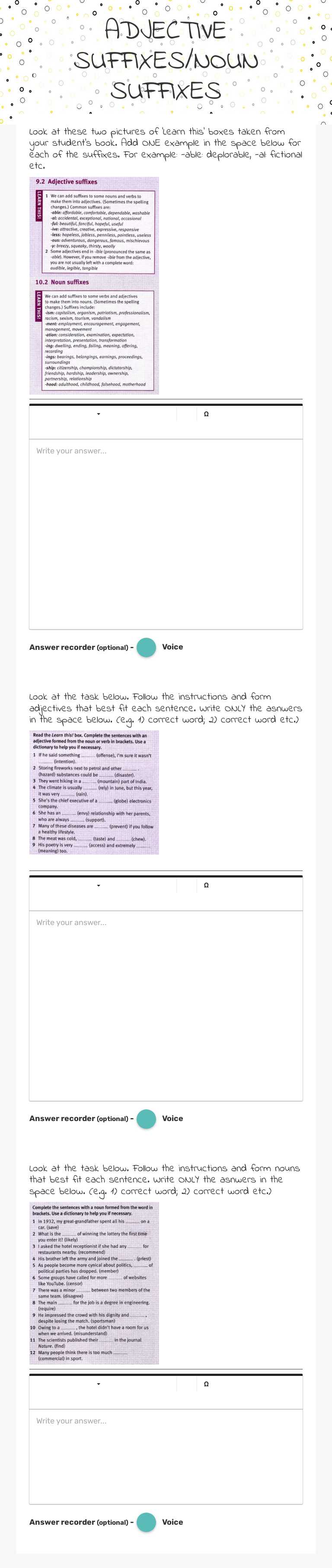 ADJECTIVE SUFFIXES/NOUN SUFFIXES worksheet preview