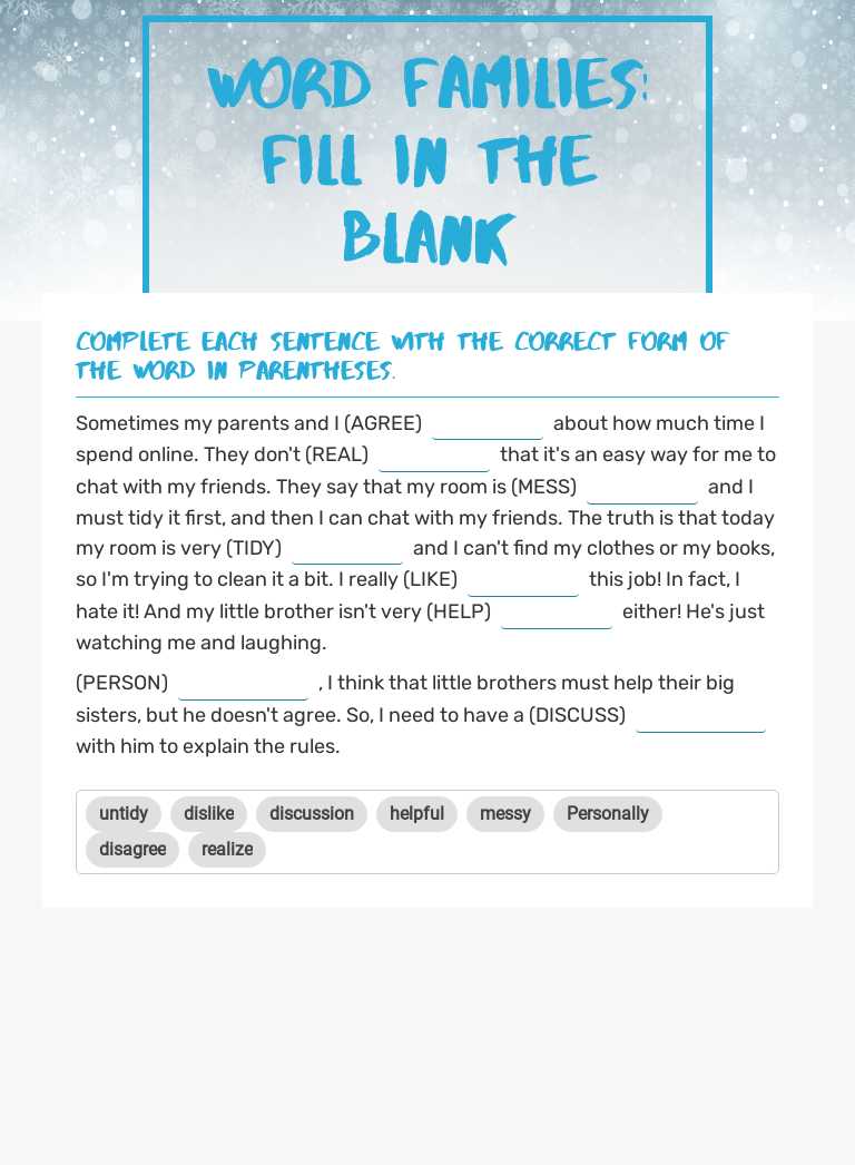 Word families: fill in the blank worksheet preview image