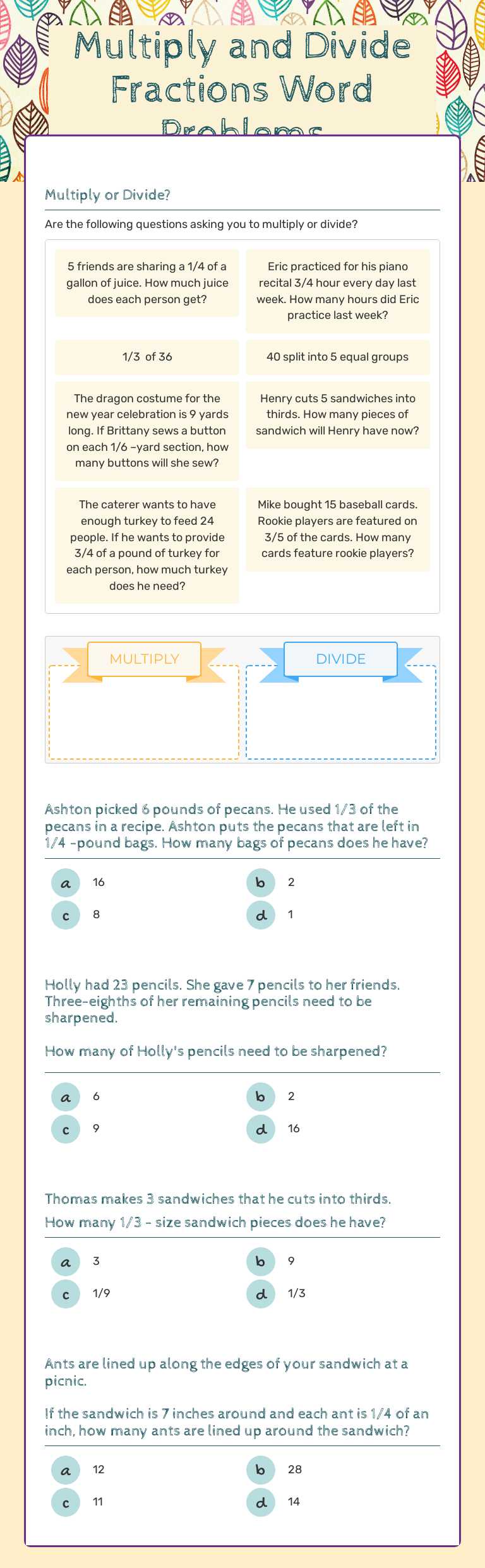 Multiply and Divide Fractions Word Problems Grade 5 worksheet preview