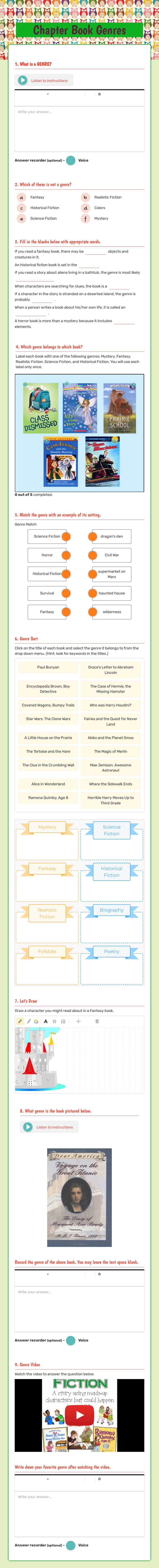 Chapter Book Genres worksheet preview image