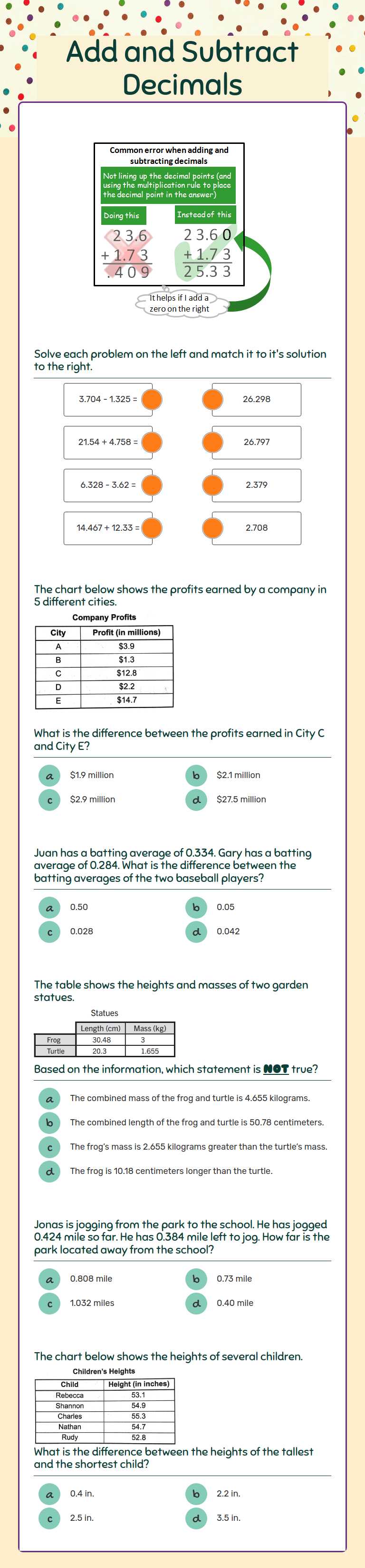 Add and Subtract  Decimals worksheet preview image