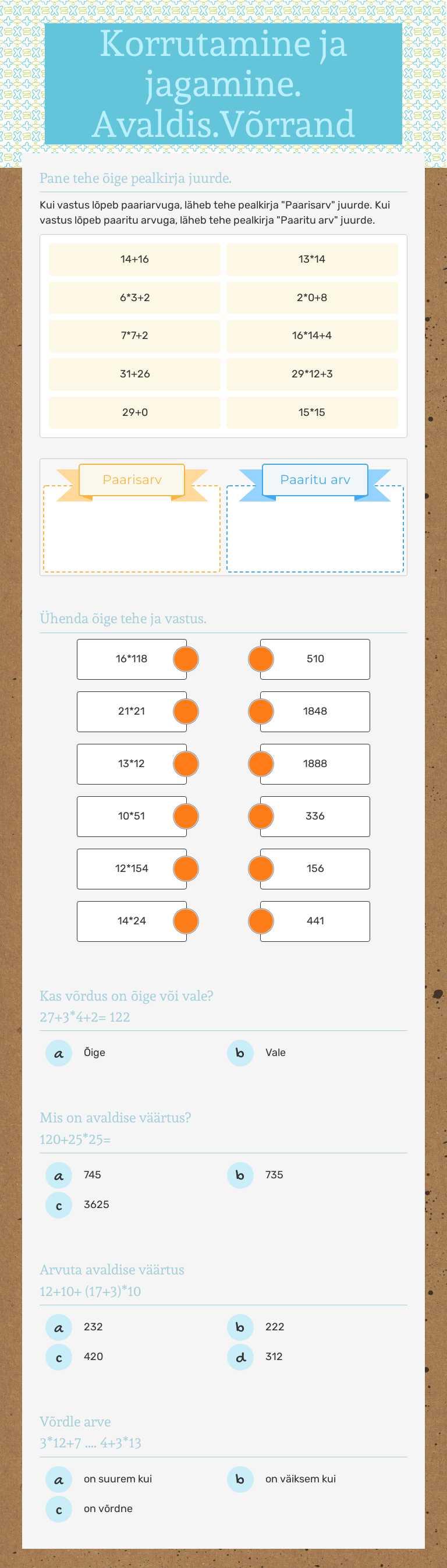 Korrutamine ja jagamine. Avaldis.Võrrand worksheet preview image