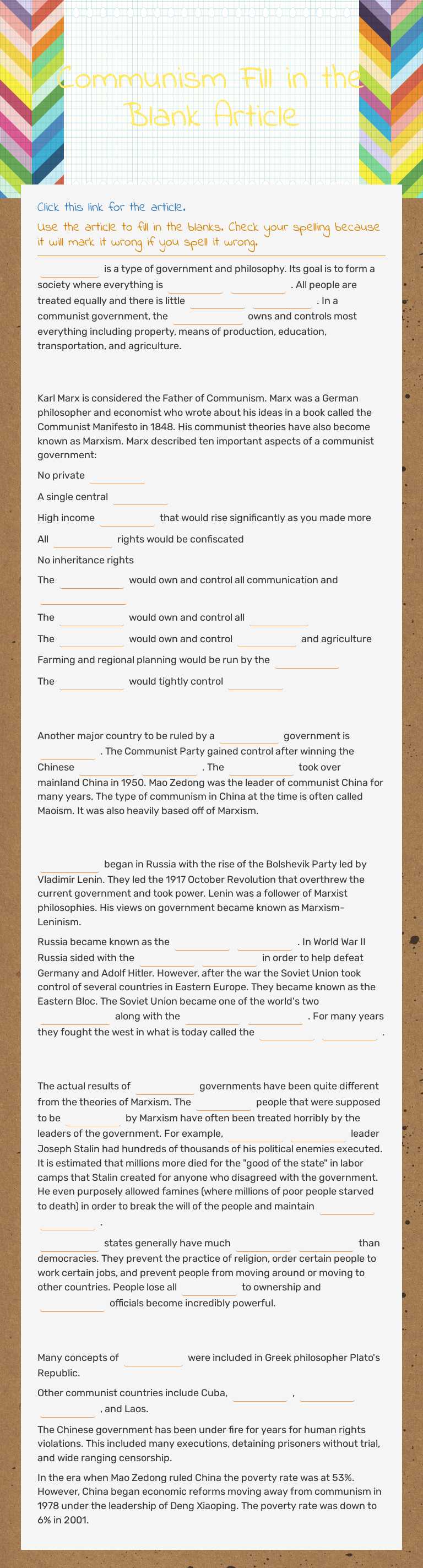 Communism Fill in the Blank Article worksheet preview image