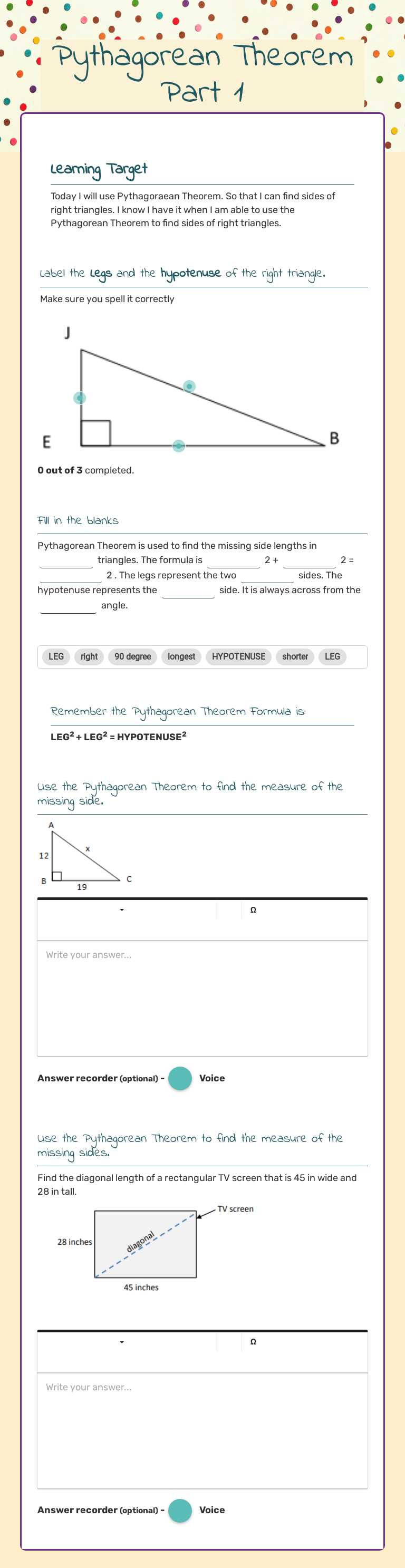 Pythagorean Theorem Part 1 worksheet preview image