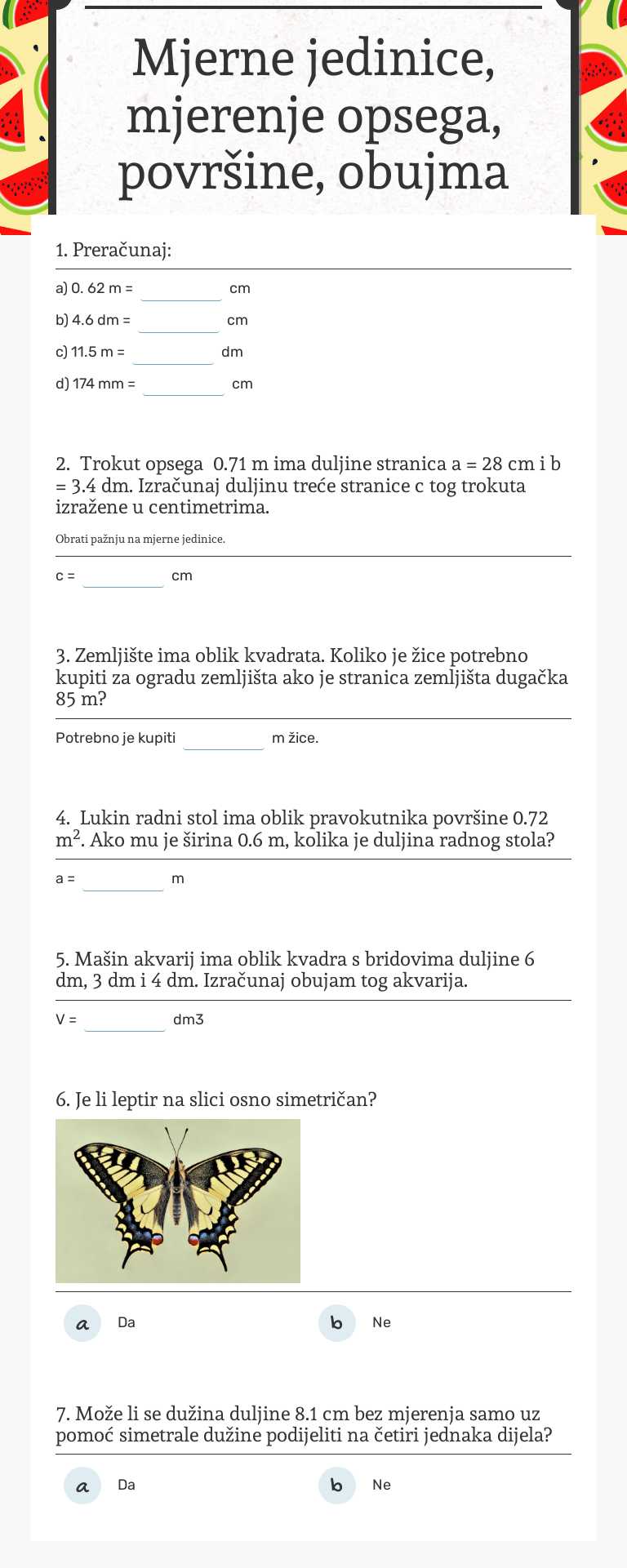 Mjerne jedinice, mjerenje opsega, površine, obujma worksheet preview image