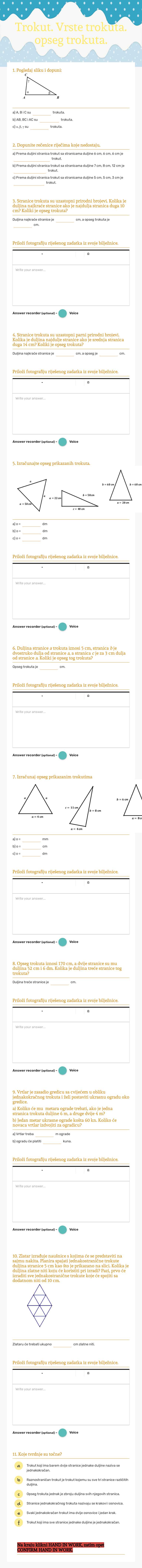 Trokut. Vrste trokuta. opseg trokuta. Grade 6 worksheet preview