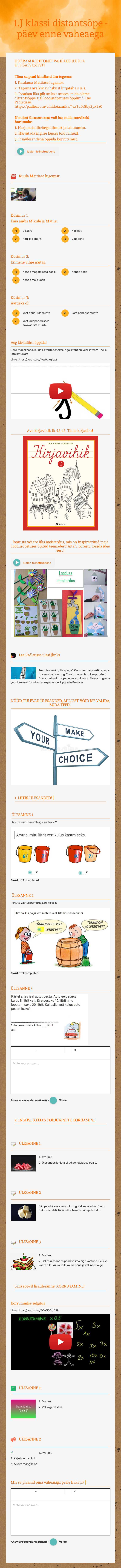 1.J klassi distantsõpe - päev enne vaheaega Grade 1 worksheet preview