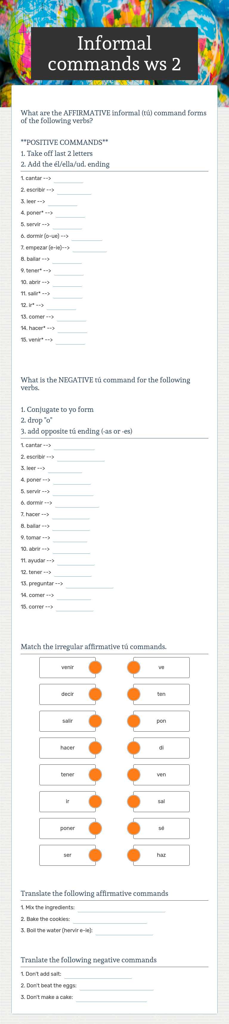 Informal  commands ws 1 2025 worksheet preview image