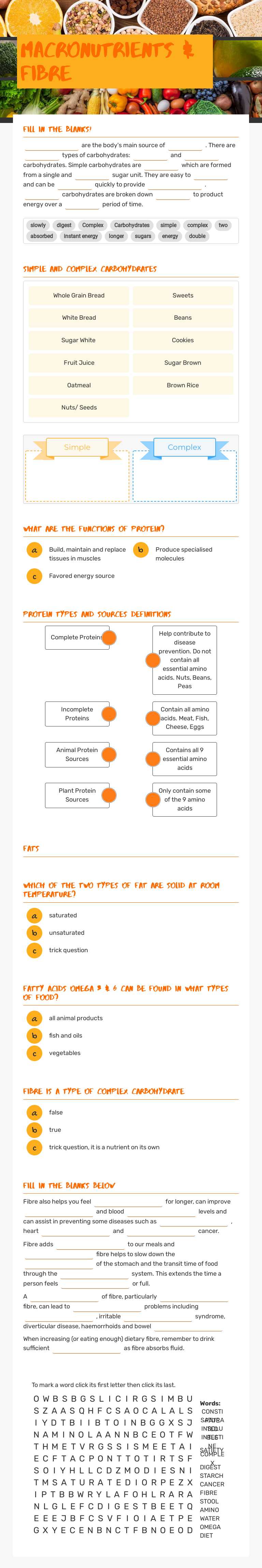 Macronutrients & Fibre worksheet preview image