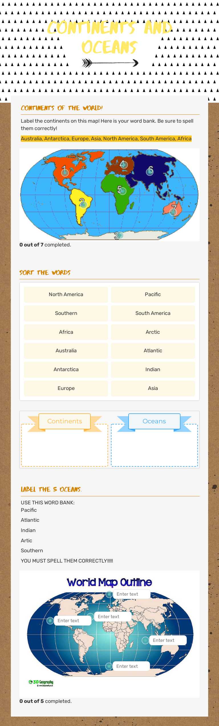 Continents and Oceans worksheet preview image