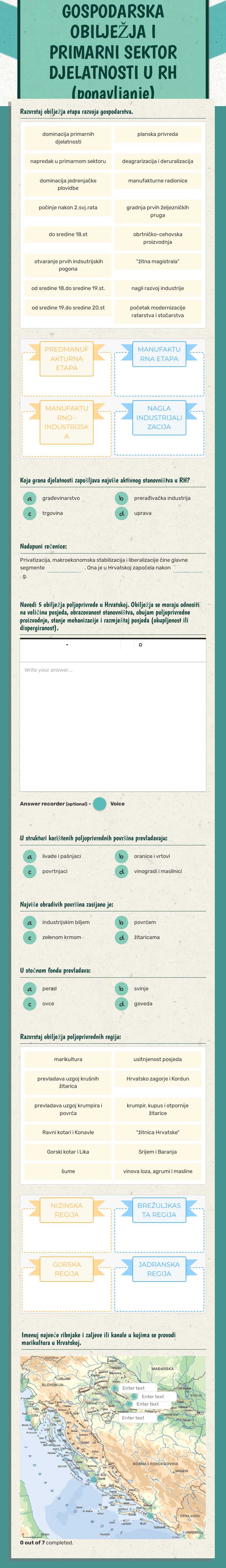 GOSPODARSKA OBILJEŽJA I PRIMARNI SEKTOR DJELATNOSTI U RH (ponavljanje) Grade 12 worksheet preview