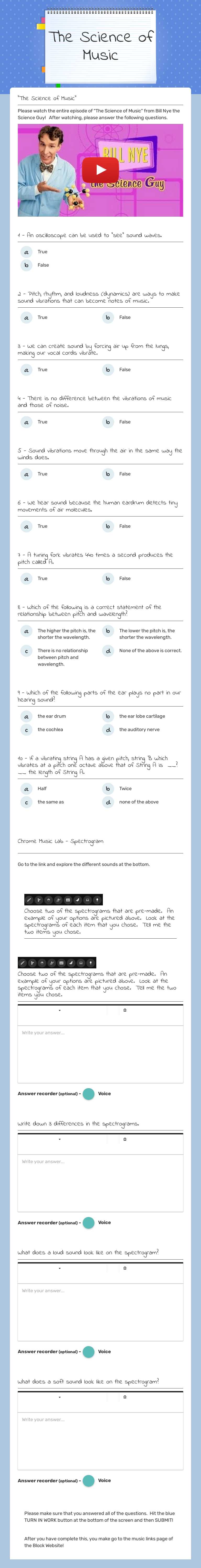 The Science of Music worksheet preview image