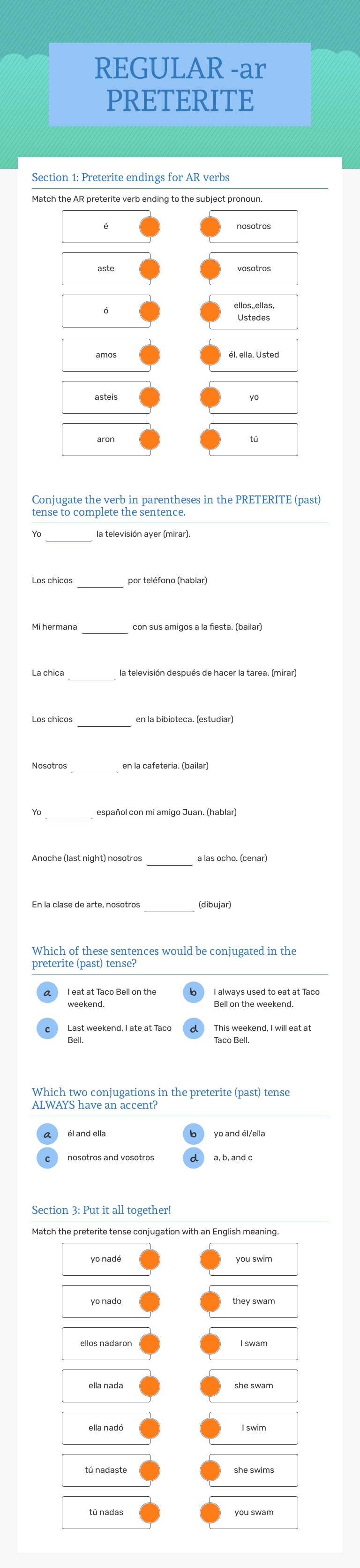 REGULAR -ar PRETERITE Grade 9 worksheet preview