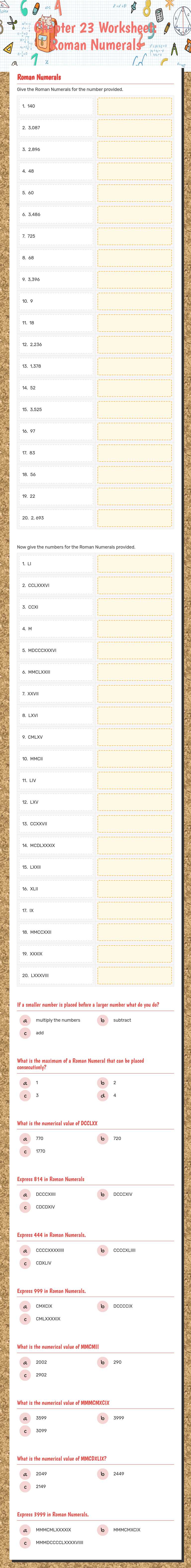 Chapter 23 Worksheet: Roman Numerals worksheet preview image