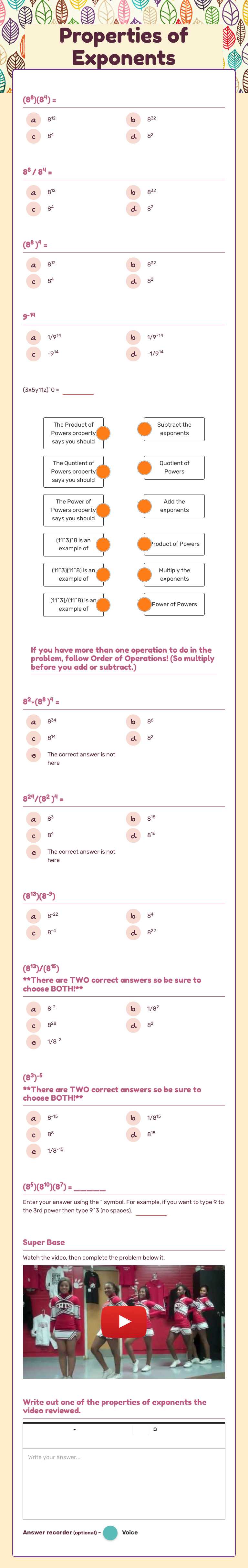 Properties of Exponents Grade 8 worksheet preview