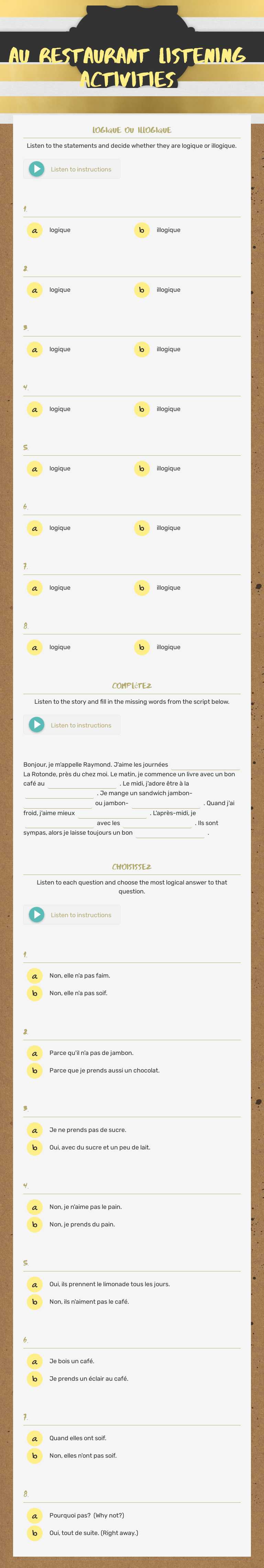 Au restaurant Listening activities worksheet preview