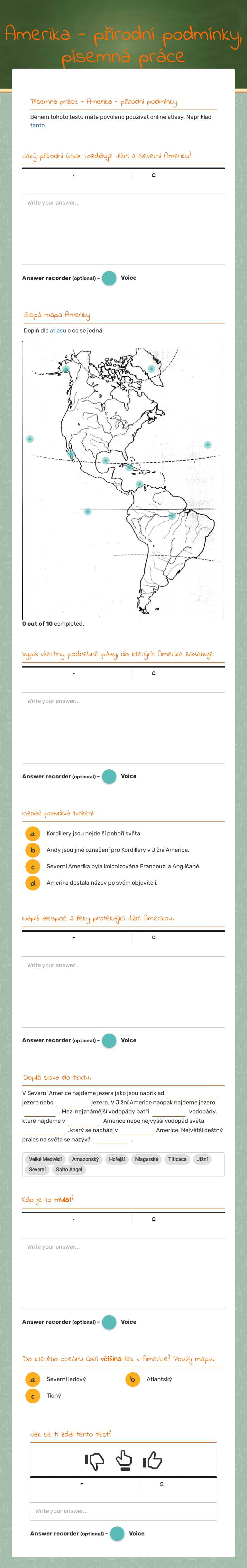 Amerika - přírodní podmínky, písemná práce Grade 7 worksheet preview