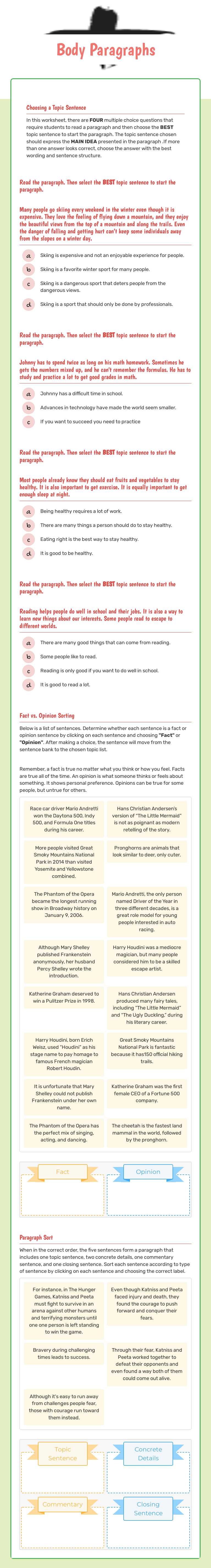Body Paragraphs Grade 9 worksheet preview