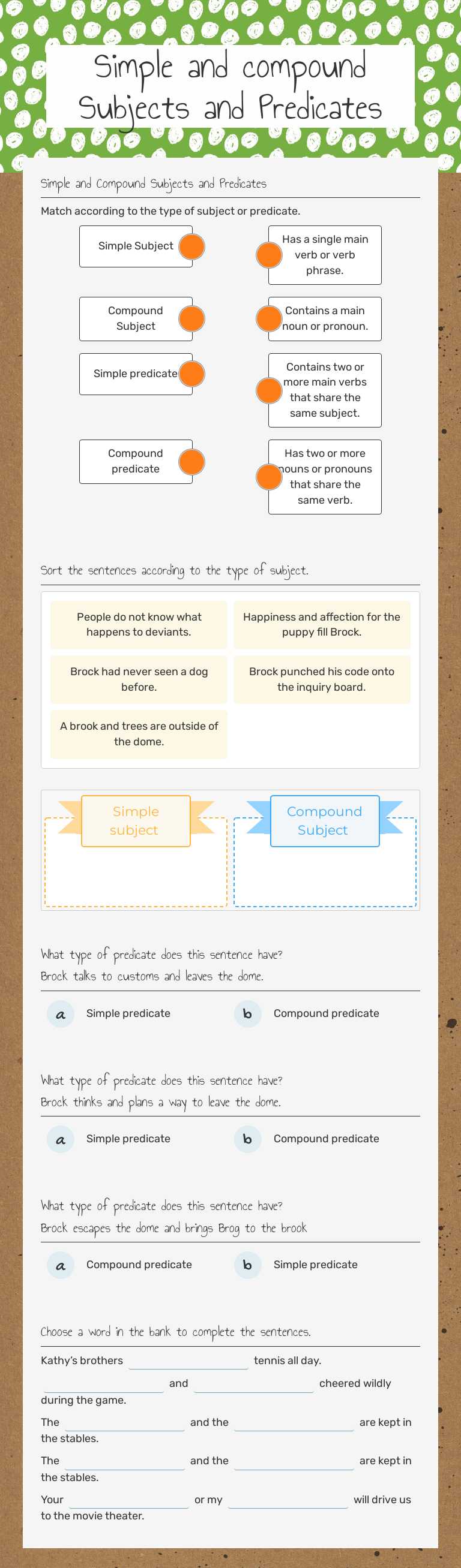 Simple and compound Subjects and Predicates worksheet preview image