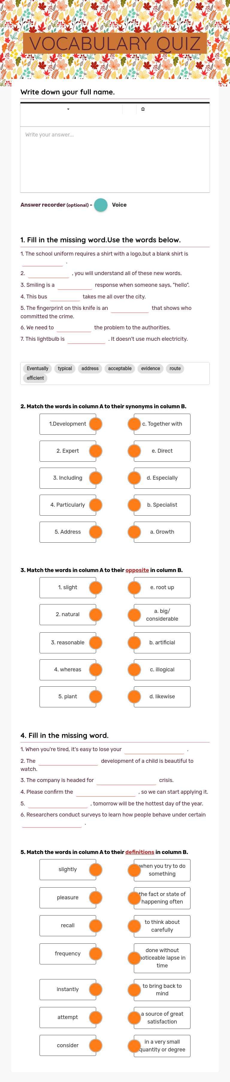 VOCABULARY QUIZ worksheet preview image