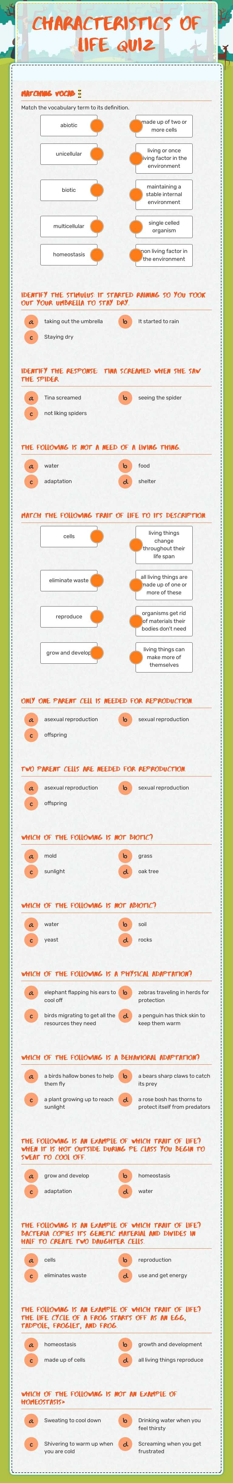 Characteristics of Life QUIZ Grade 9 worksheet preview