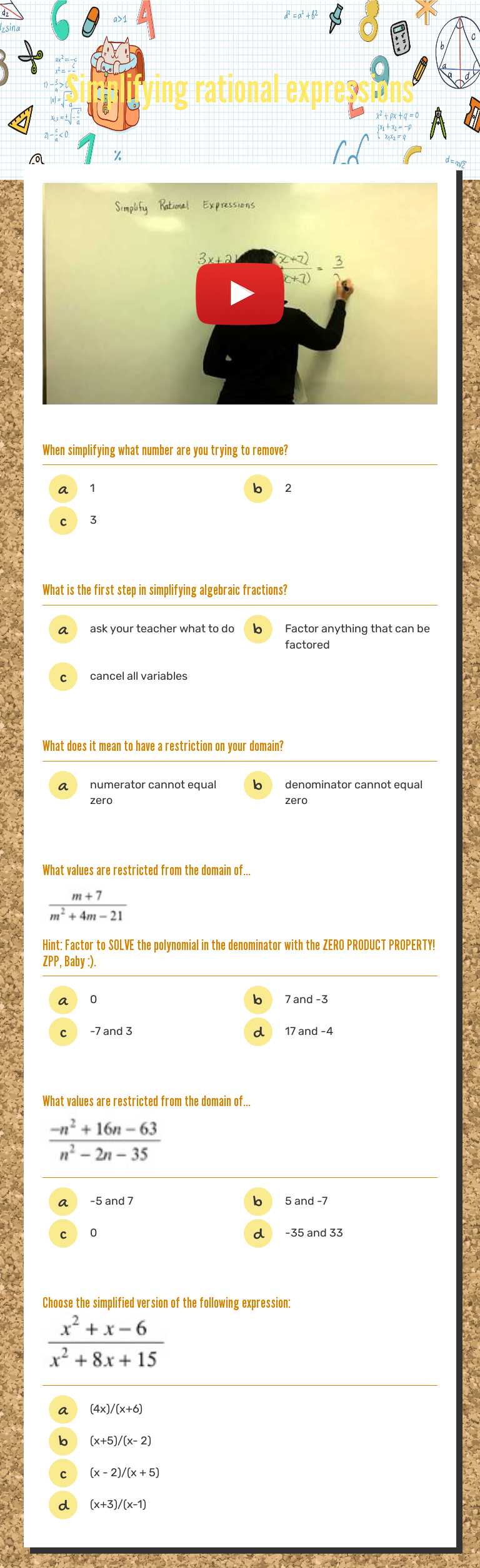 Simplifying rational expressions worksheet preview image