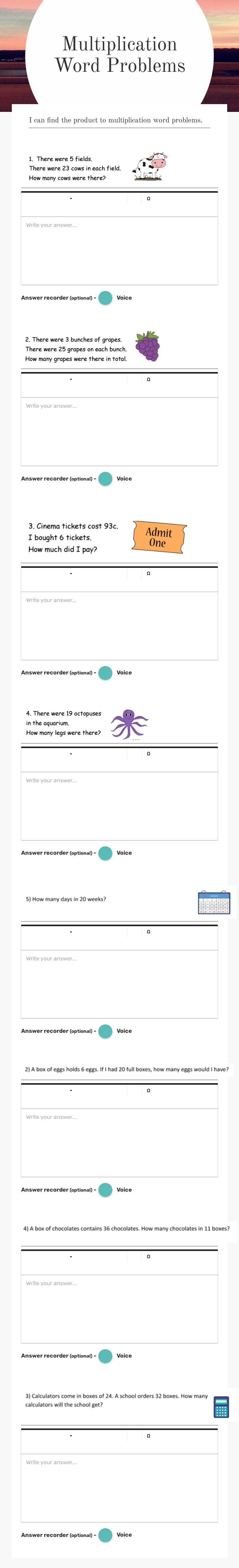 Multiplication Word Problems worksheet preview image