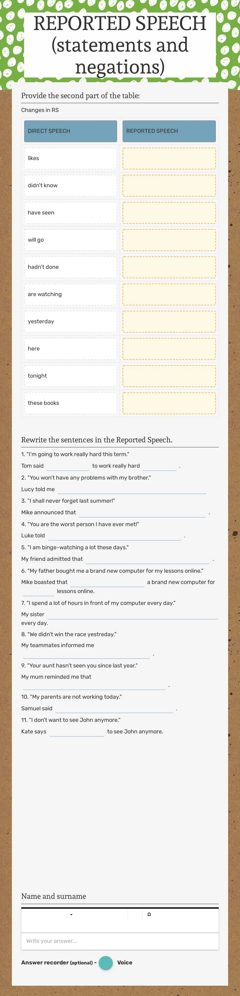 REPORTED SPEECH (statements and negations) Grade 9 worksheet preview