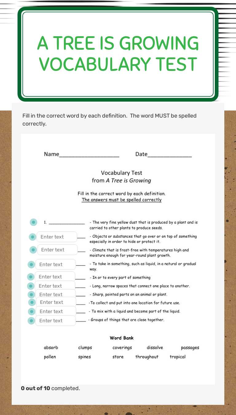 A Tree is growing vocabulary test worksheet preview image