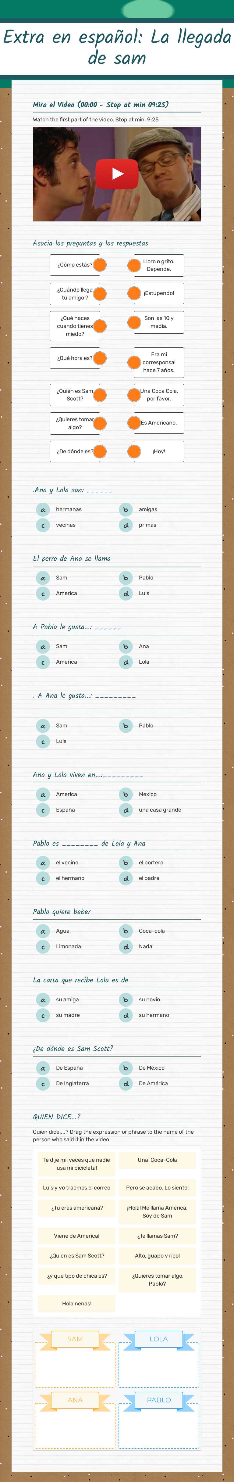 Extra en español: La llegada de sam Other worksheet preview