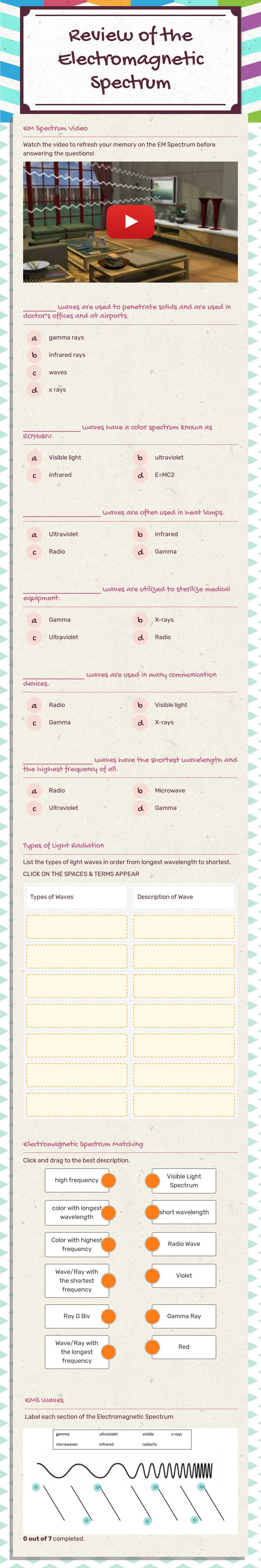 Review of the Electromagnetic Spectrum worksheet preview image