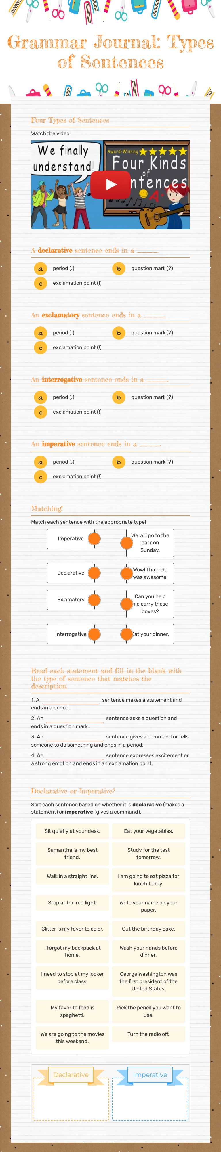 Grammar Journal:     Types of Sentences worksheet preview image