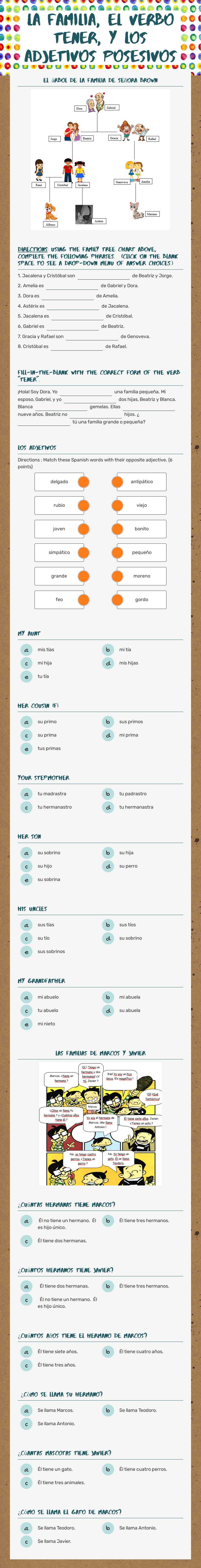 La Familia, el verbo Tener, y los adjetivos posesivos worksheet preview image