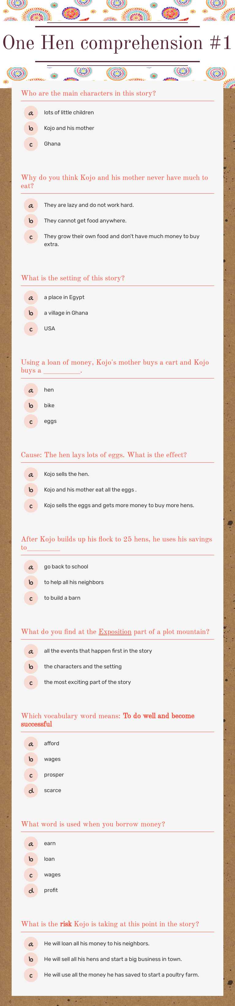 One Hen
comprehension #1 Grade 5 worksheet preview