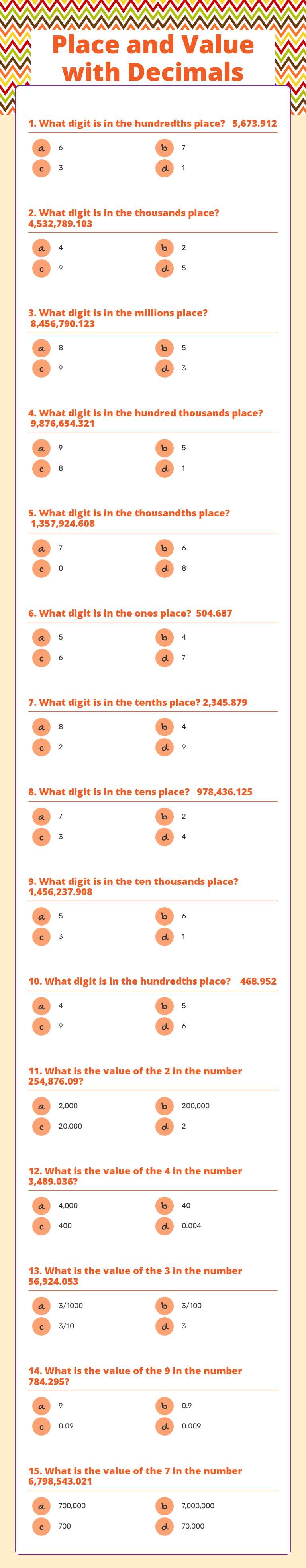 Place and Value with Decimals Grade 5 worksheet preview