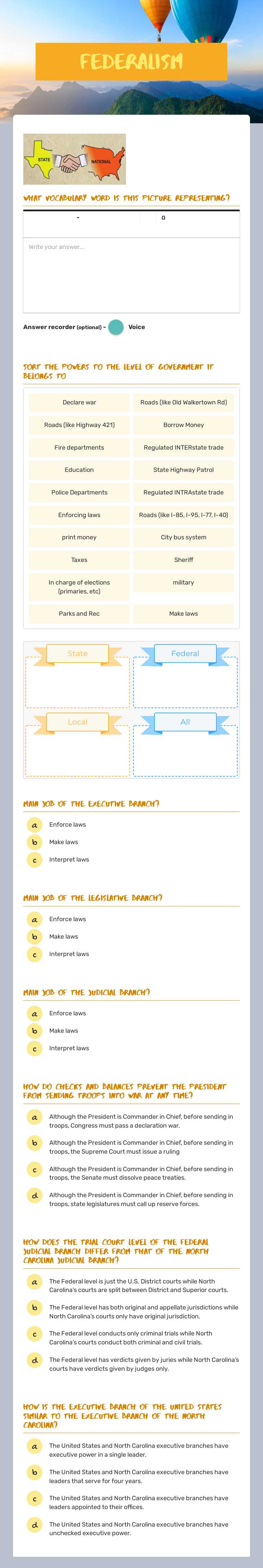 Federalism Grade 10 worksheet preview