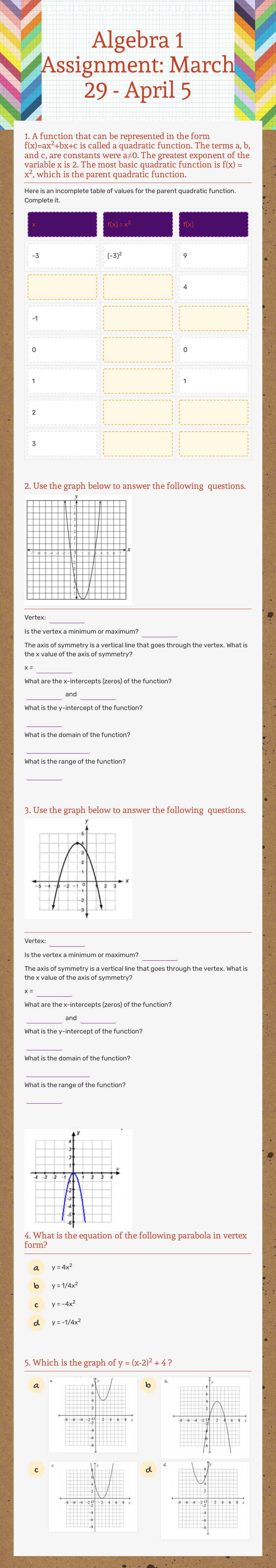 Algebra 1 Assignment: March 29 - April 5 worksheet preview image
