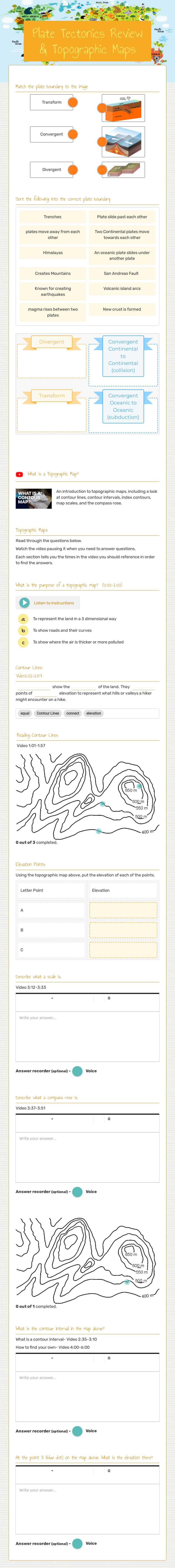 Plate Tectonics Review & Topographic Maps worksheet preview image