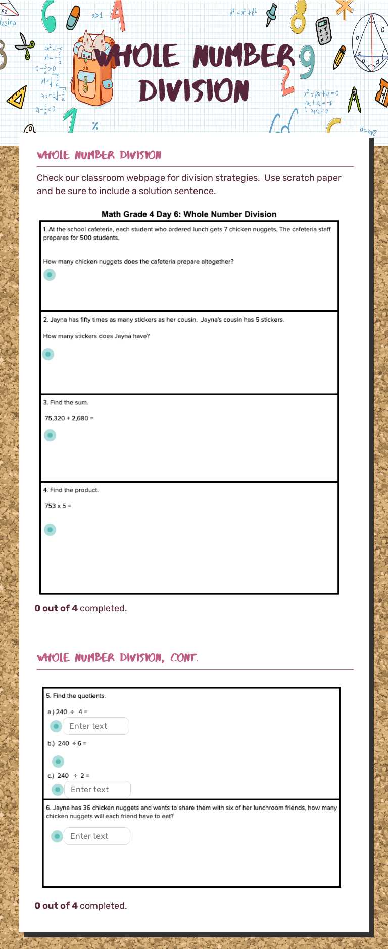 Whole Number division worksheet preview image