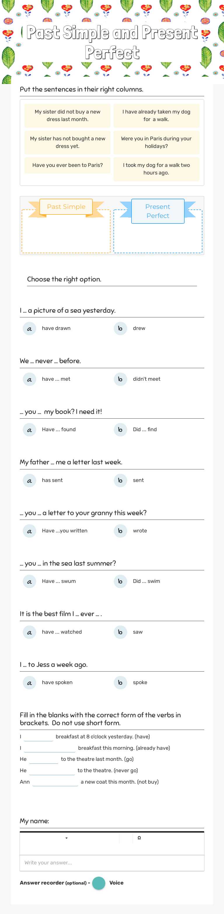 Past Simple and Present Perfect worksheet preview image