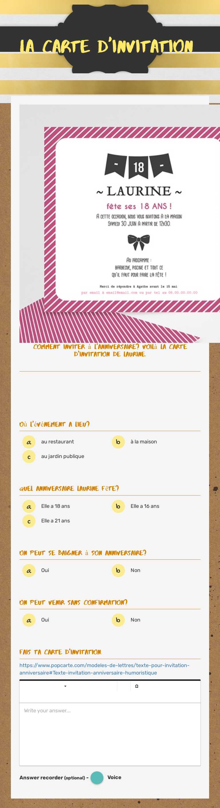 La carte d'invitation Grade 5 worksheet preview