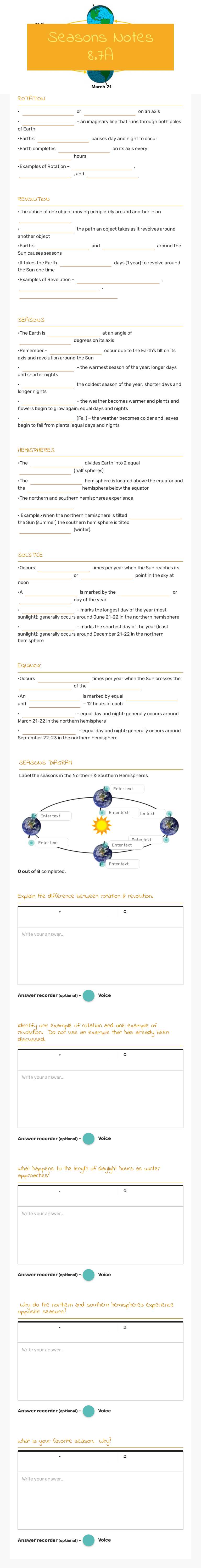 Seasons Notes 8.7A Grade 8 worksheet preview