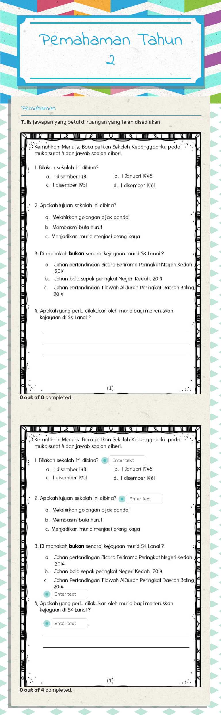 Pemahaman Tahun 2 worksheet preview image