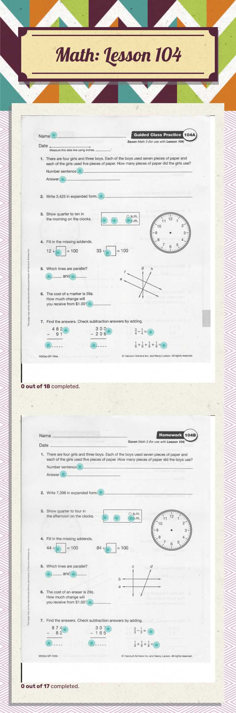 Math:  Lesson 104 worksheet preview image