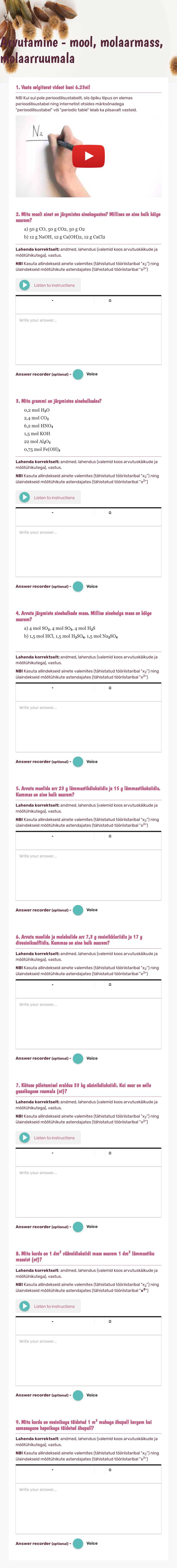 Arvutamine - mool, molaarmass, molaarruumala worksheet preview image