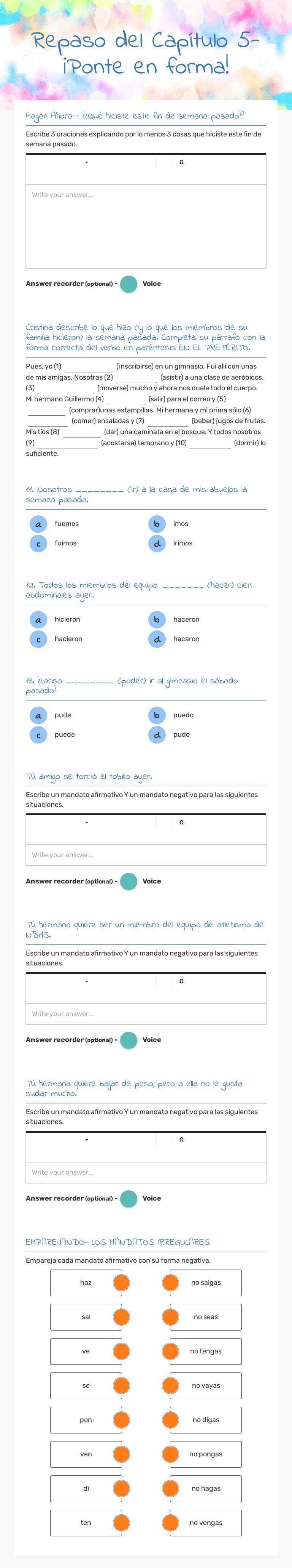 Repaso del Capítulo 5- ¡Ponte en forma! worksheet preview image