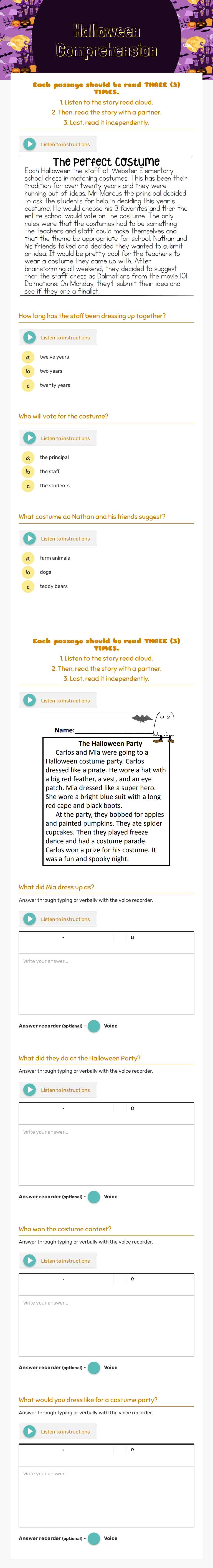 Halloween Comprehension worksheet preview image