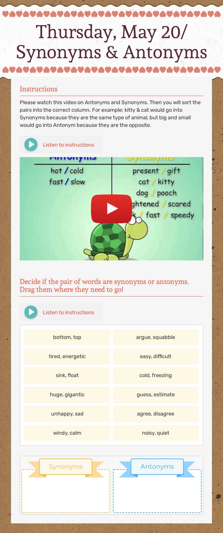 Thursday, May 20/ Synonyms & Antonyms worksheet preview image